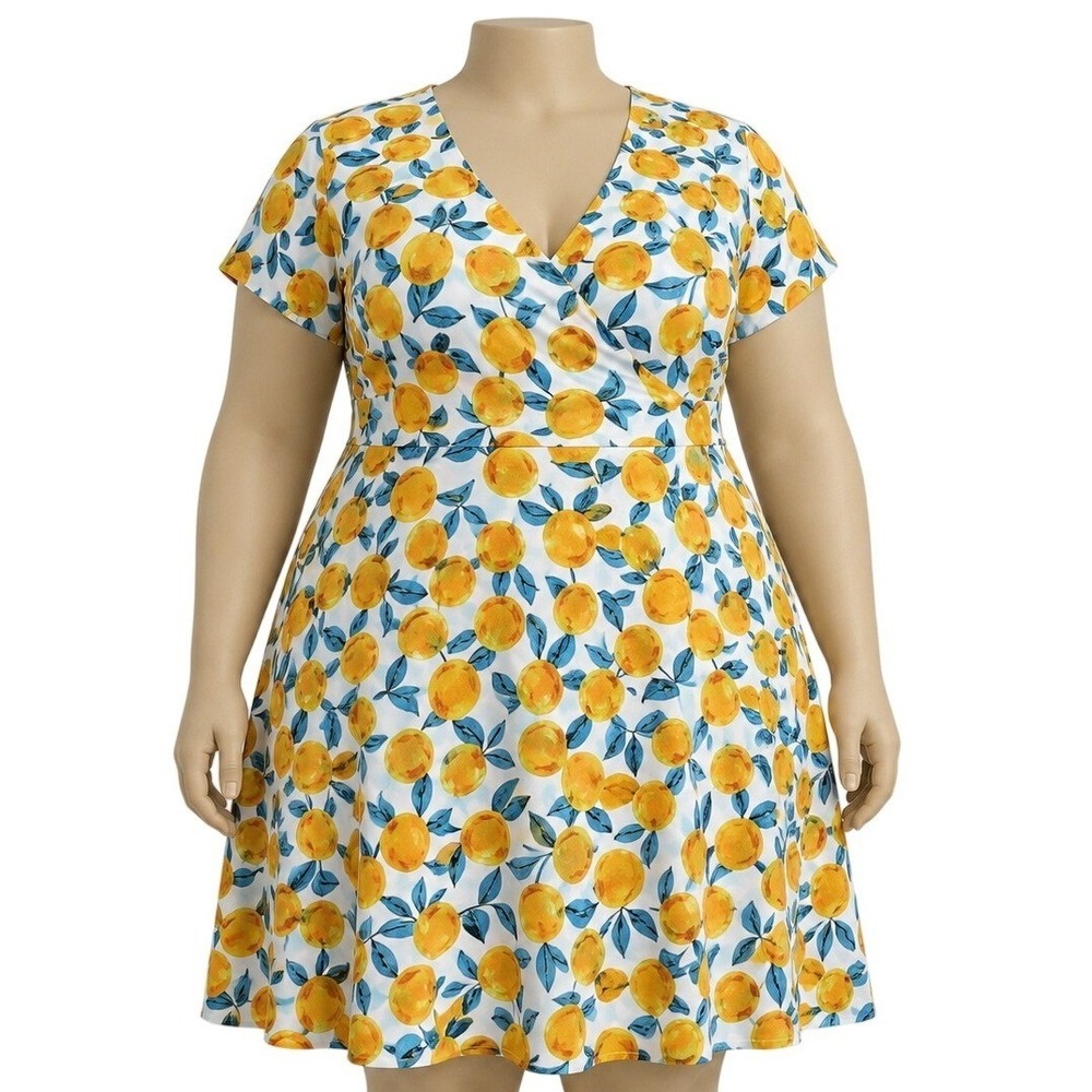 BloomChic Women Plus Size 28 Orange Fruit Print Wrap V-Neck A-Line‎ Summer Dress